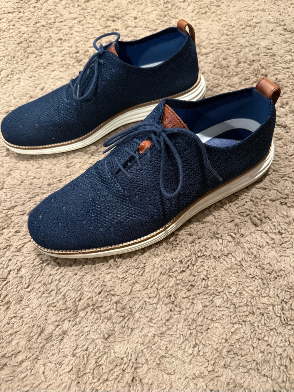 Cole Haan Navy Knit Lace-Up Sneakers with Brown Pull Tabs - Picture 3 of 5